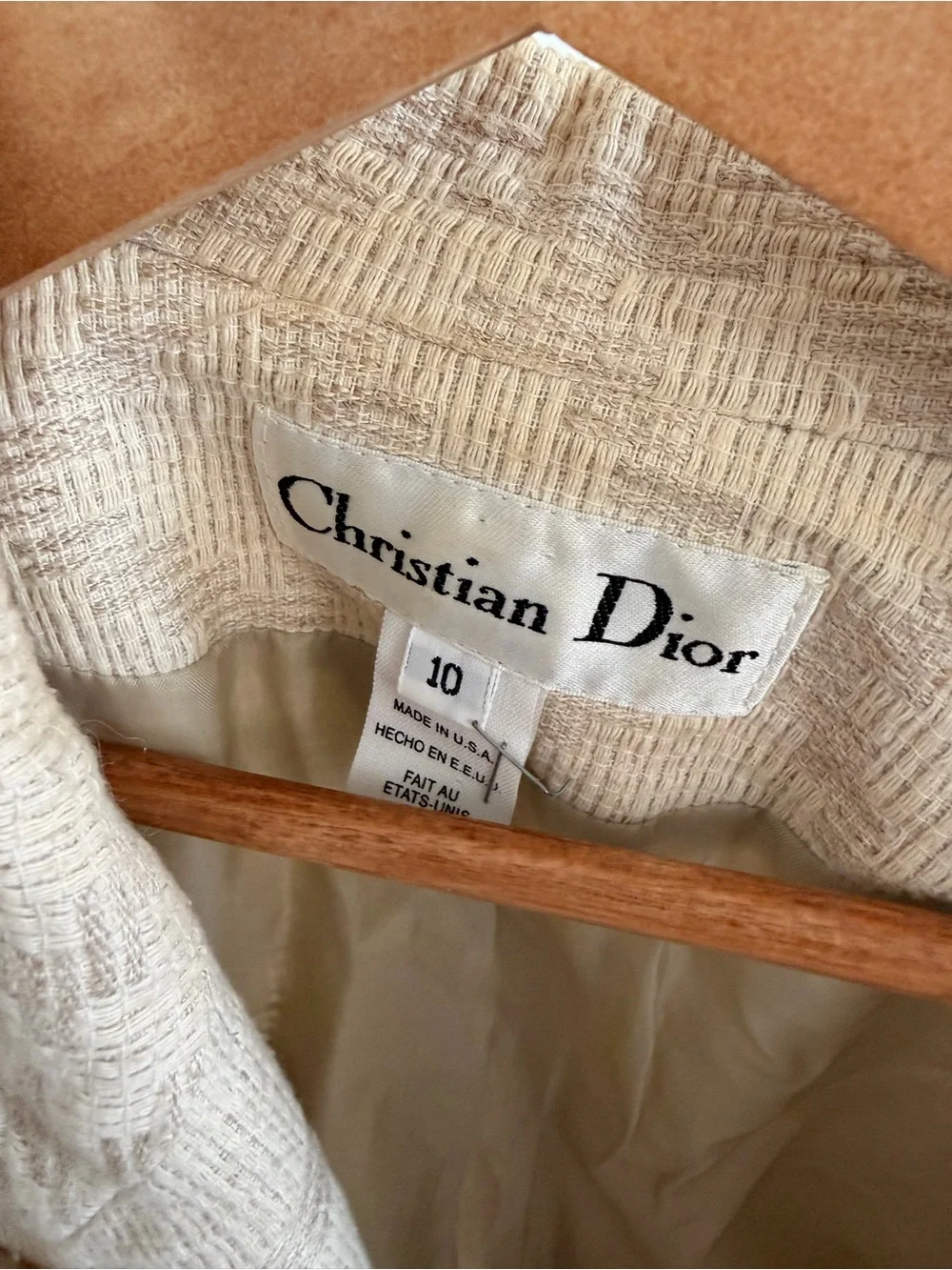 Vintage Christian Dior Suit Set Women's Beige Cropped Fringe Jacket & Trousers